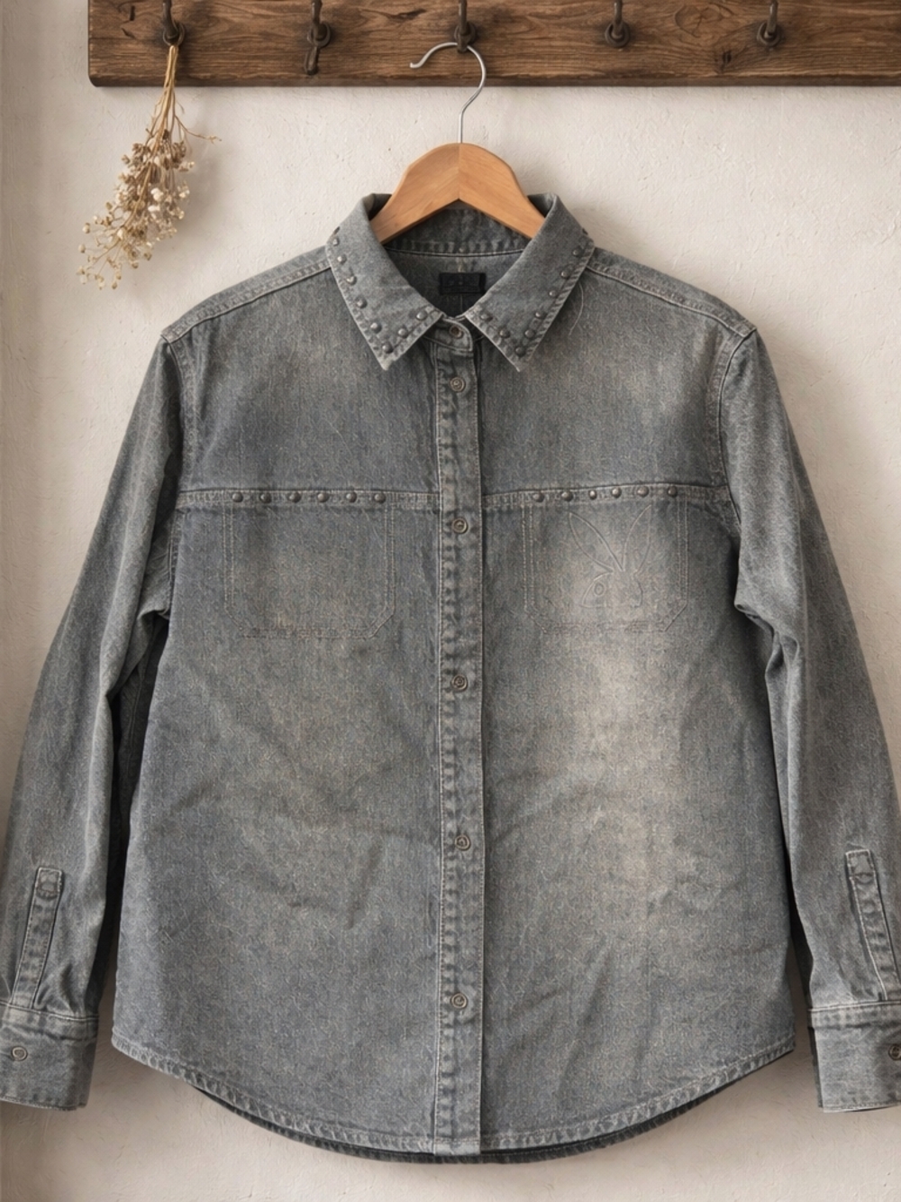 Studded Collar Washed Denim Button-Up Shirt